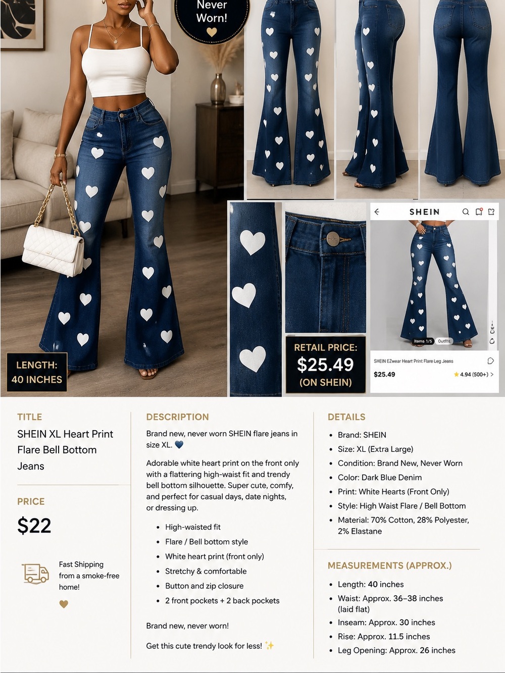 SHEIN Dark Blue High-Waist Flare Jeans with White Heart Print